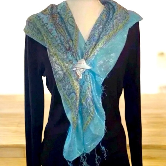 Elegant Ladies Fashion Scarf in Shimmery Aqua Paisley Print - Picture 1 of 5